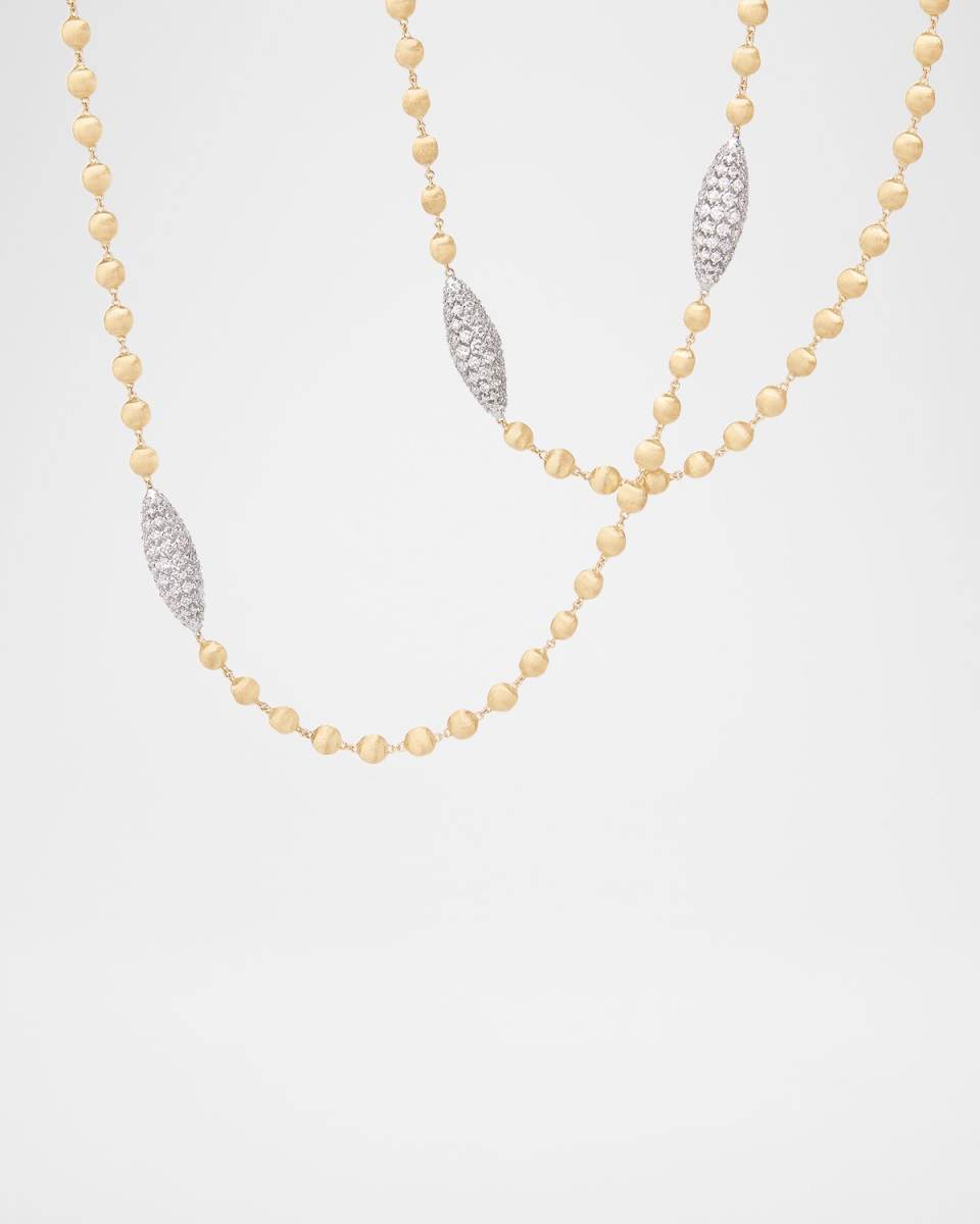 18K Yellow Gold Long Bead Necklace with Diamond Elements